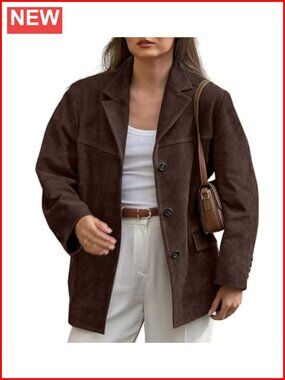 Faux Suede Blazer Jacket Notched Lapel Single Breasted Suit Jacket